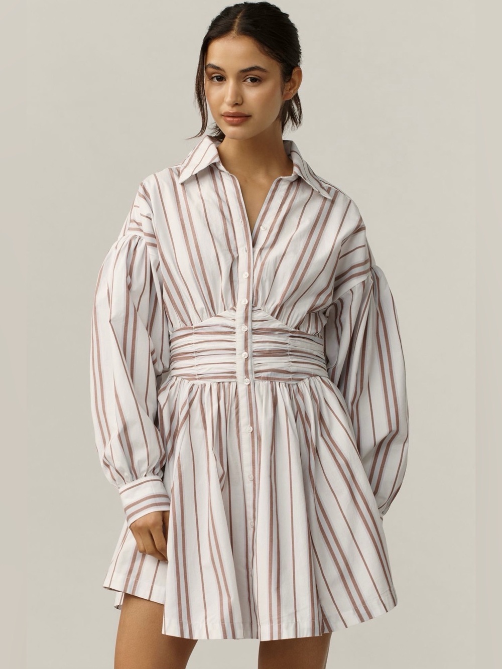 By Anthropologie White and Brown Striped Ruched-Waist Shirt Dress